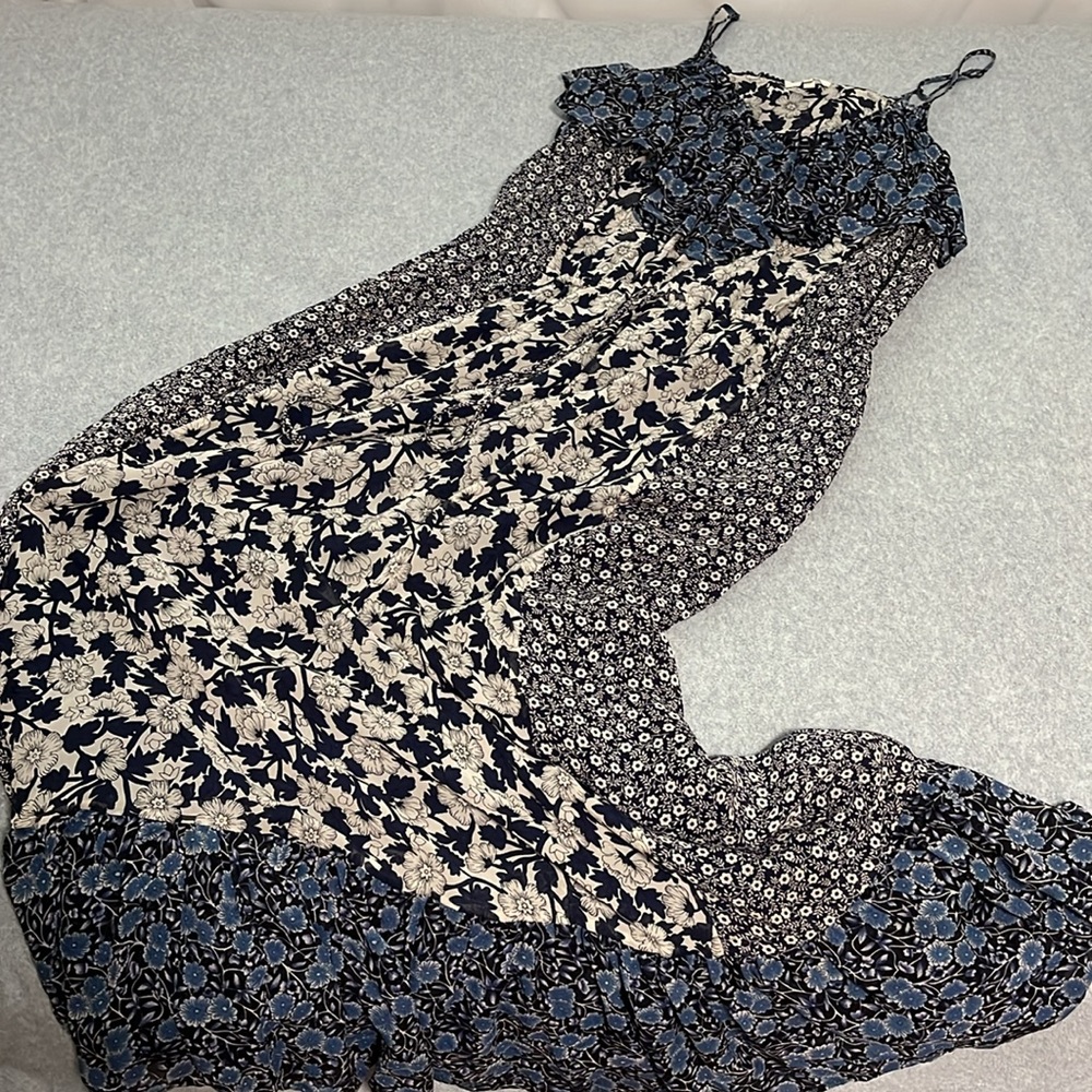 Joie Silk Maxi Dress Sundress Large Blue Floral Ruffle Patch Strap Cottagecore